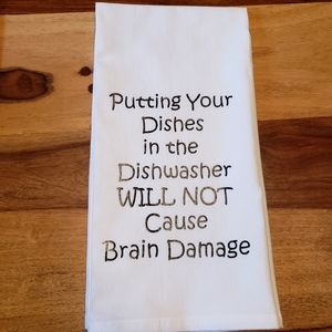 Decorative towel with cute saying.  Has sturdy hanging loop!